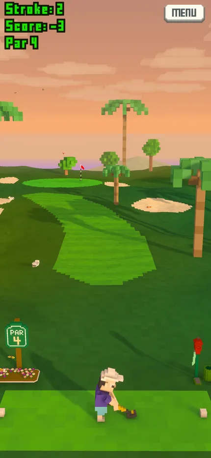Gameplay: a sunset hole with palm trees