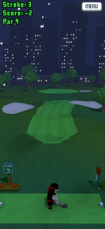 Gameplay: a night hole in front of lit city windows