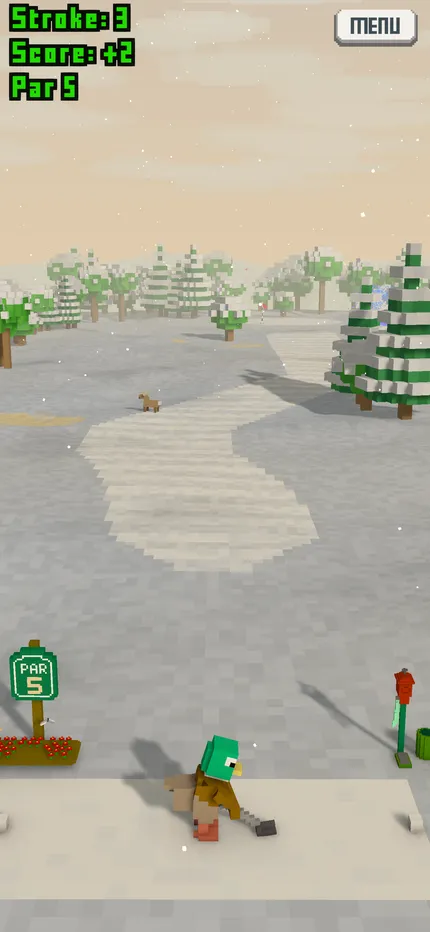 Gameplay: a snowy hole with frosted pines
