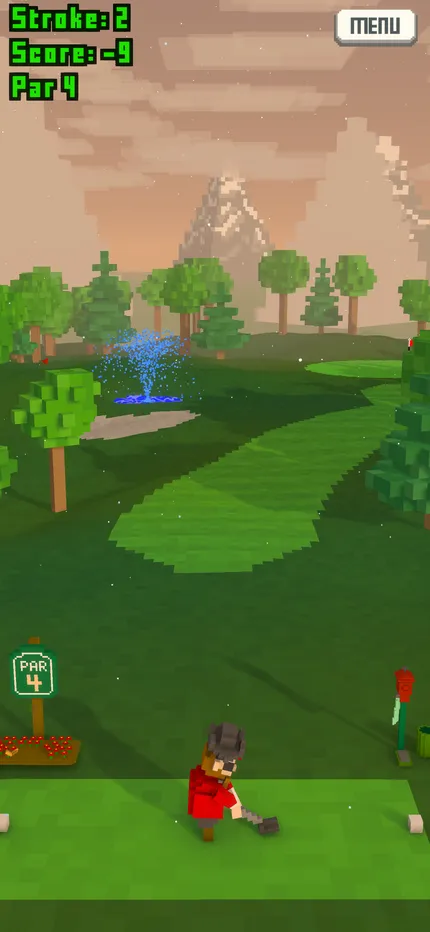 Gameplay: a sunset hole with mountains behind the green