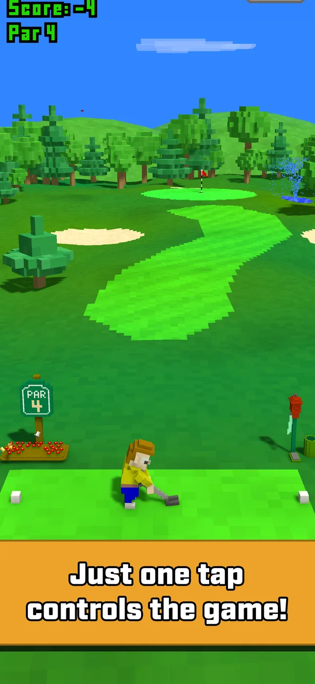 A voxel golfer tees off toward a bright green fairway lined with pixel trees. Caption: Just one tap controls the game!